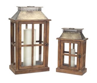 Lanterns (Set of 2) 13.5"H, 20"H Wood/Metal/Glass