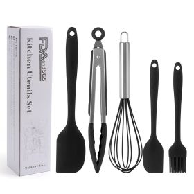 Silicone Cook Utensils;  5 Piece Kitchen Cooking Set;  Includes Large Spatula;  Small Spatula;  Grease Brush;  Food Clamp;  Whisk - black