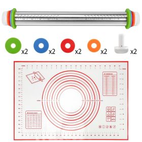 Dough Rolling Pin Dough Roller Stainless Steel Rolling Pins with 4 Removable Adjustable Thickness Rings and Rolling Mat - Red