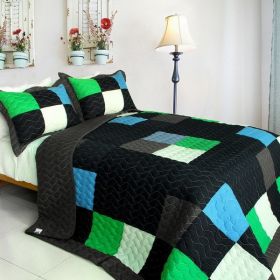 [Fatal Attraction-2] Vermicelli-Quilted Patchwork Plaid Quilt Set Twin - ONITIVA-QTS01065BK-1