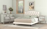 Upholstered Platform Bed with Saddle Curved Headboard and Diamond Tufted Details, King, Beige - as Pic