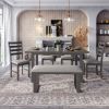 6-Pieces Family Furniture, Solid Wood Dining Room Set with Rectangular Table & 4 Chairs with Bench - Gray