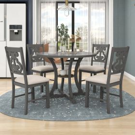 5-Piece Round Dining Table and 4 Fabric Chairs with Special-shaped Table Legs and Storage Shelf - Gray