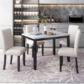 Faux Marble 5-Piece Dining Set Table with 4 Thicken Cushion Dining Chairs Home Furniture, White/Beige+Black - White