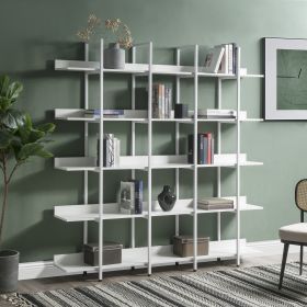 5 Tier Bookcase Home Office Open Bookshelf, Vintage Industrial Style Shelf with Metal Frame, MDF Board - White