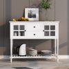 Sideboard Console Table with Bottom Shelf, Farmhouse Wood/Glass Buffet Storage Cabinet Living Room - White