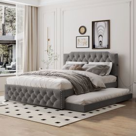 Queen Size Upholstered Platform Bed with Twin Size Trundle and 2 sets of USB Ports on each side, Linen Fabric, Gray - as Pic