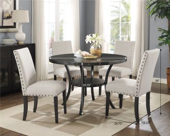 Biony Espresso Wood Dining Set with Tan Fabric Nailhead Chairs - as Pic