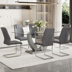 1 table and 6 chairs set.Large rectangular table, equipped with 0.39-inch tempered glass table top and MDF table legs.Paired with 6 chairs with faux l