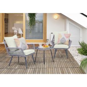 Manhattan Comfort Cannes Rope Wicker 3-Piece Patio Conversation Set with Cushions in Cream - Default Title