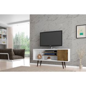 Manhattan Comfort Liberty 53.14" Mid-Century Modern TV Stand with 5 Shelves and 1 Door in White and Rustic Brown with Solid Wood Legs - Default Title