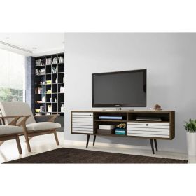 Manhattan Comfort Liberty 70.86" Mid-Century Modern TV Stand with 4 Shelving Spaces and 1 Drawer in Rustic Brown and White with Solid Wood Legs - Defa