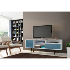 Manhattan Comfort Liberty 70.86" Mid-Century Modern TV Stand with 4 Shelving Spaces and 1 Drawer in White and Aqua Blue with Solid Wood Legs - Default