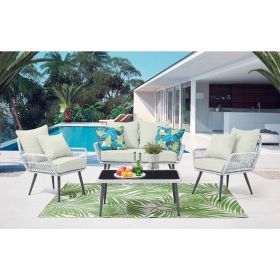 Manhattan Comfort Portofino Rope Wicker 4-Piece Patio Conversation Set with Cushions in Cream - Default Title