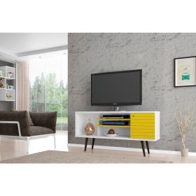 Manhattan Comfort Liberty 53.14" Mid-Century Modern TV Stand with 5 Shelves and 1 Door in White and Yellow with Solid Wood Legs - Default Title