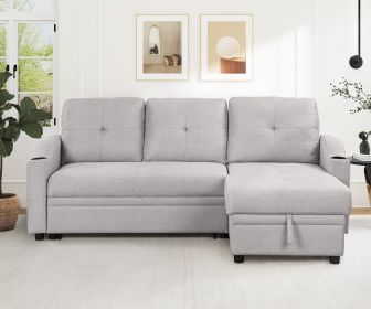 Pull Out Sofa Bed Modern Padded Upholstered Sofa Bed ; Linen Fabric 3 Seater Couch with Storage Chaise and Cup Holder ; Small Couch for Small Spaces -