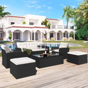 6-piece All-Weather Wicker PE rattan Patio Outdoor Dining Conversation Sectional Set with coffee table, wicker sofas, ottomans, removable cushions - B