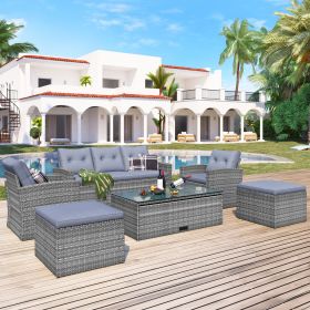 6-piece All-Weather Wicker PE rattan Patio Outdoor Dining Conversation Sectional Set with coffee table, wicker sofas, ottomans, removable cushions - G