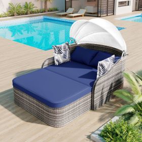 79.9" Outdoor Sunbed with Adjustable Canopy;  Double lounge;  PE Rattan Daybed - Blue+Grey