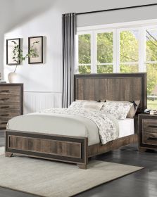 Oak Finish 1pc Queen Size Bed High Headboard MDF Particle Board Bedroom Furniture Bedframe Unique Panel Design - as Pic