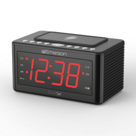 Emerson SmartSet Wireless Charging, Dual Alarm Clock Radio, 1.4' Red LED Display, Temperature Sensor, CKSW0555 - Emerson Radio