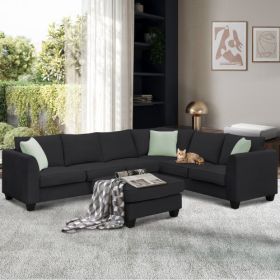 112*87" Sectional Sofa Couches Living Room Sets, 7 Seats Modular Sectional Sofa with Ottoman, L Shape Fabric Sofa Corner Couch Set with 3 Pillows - Bl