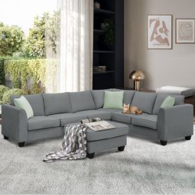 112*87" Sectional Sofa Couches Living Room Sets, 7 Seats Modular Sectional Sofa with Ottoman, L Shape Fabric Sofa Corner Couch Set with 3 Pillows - Gr