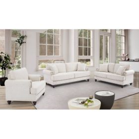 Living Room Furniture, Modern 3-Piece Including Three-Seater, Loveseat and Single Chair,Chenille modern Upholstered Sofa Set, White  - White - Chenill