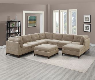 Camel Chenille Fabric Modular Sectional 9pc Set Living Room Furniture Corner Sectional Couch 3x Corner Wedge 4x Armless Chairs and 2x Ottomans Tufted