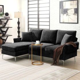 84 " Convertible Sectional Sofa, Modern Chenille L-Shaped Sofa Couch with Reversible Chaise Lounge, Fit for Living Room, Apartment(2 Pillows)   - Blac