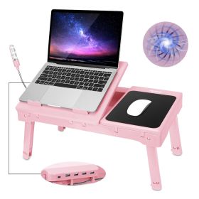 Foldable Laptop Table Bed Notebook Desk with Cooling Fan Mouse Board LED light 4 xUSB Ports Breakfast Snacking Tray  - Rose Gold