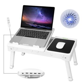 Foldable Laptop Table Bed Notebook Desk with Cooling Fan Mouse Board LED light 4 xUSB Ports Breakfast Snacking Tray  - White