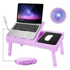 Foldable Laptop Table Bed Notebook Desk with Cooling Fan Mouse Board LED light 4 xUSB Ports Breakfast Snacking Tray  - Purple