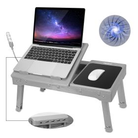 Foldable Laptop Table Bed Notebook Desk with Cooling Fan Mouse Board LED light 4 xUSB Ports Breakfast Snacking Tray  - Grey