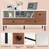 Mid-Century TV Stand for 50-inch TVs with 2 Cubbies and 3 Drawers - White + Walnut