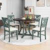 5-Piece Round Dining Table and 4 Fabric Chairs with Special-shaped Table Legs and Storage Shelf - Antique Blue