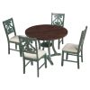 5-Piece Round Dining Table and 4 Fabric Chairs with Special-shaped Table Legs and Storage Shelf - Antique Blue