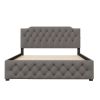 Queen Size Upholstered Platform Bed with Twin Size Trundle and 2 sets of USB Ports on each side, Linen Fabric, Gray - as Pic