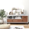 Mid-Century TV Stand for 50-inch TVs with 2 Cubbies and 3 Drawers - White + Walnut