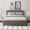 Queen Size Upholstered Platform Bed with Twin Size Trundle and 2 sets of USB Ports on each side, Linen Fabric, Gray - as Pic