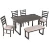 6-Pieces Family Furniture, Solid Wood Dining Room Set with Rectangular Table & 4 Chairs with Bench - Gray