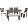 6-Pieces Family Furniture, Solid Wood Dining Room Set with Rectangular Table & 4 Chairs with Bench - Gray