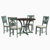 5-Piece Round Dining Table and 4 Fabric Chairs with Special-shaped Table Legs and Storage Shelf - Antique Blue