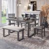 6-Pieces Family Furniture, Solid Wood Dining Room Set with Rectangular Table & 4 Chairs with Bench - Gray